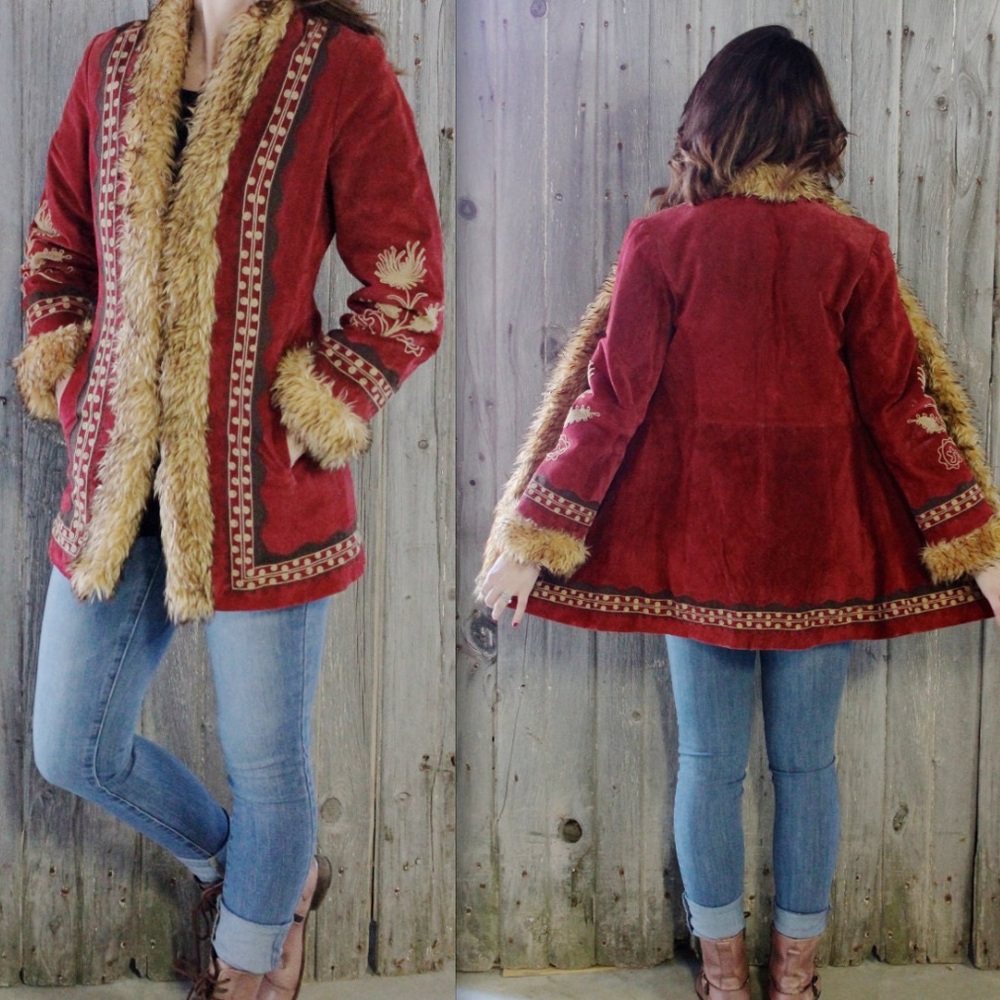 Boho Faux-Fur Trim Red Suede Jacket